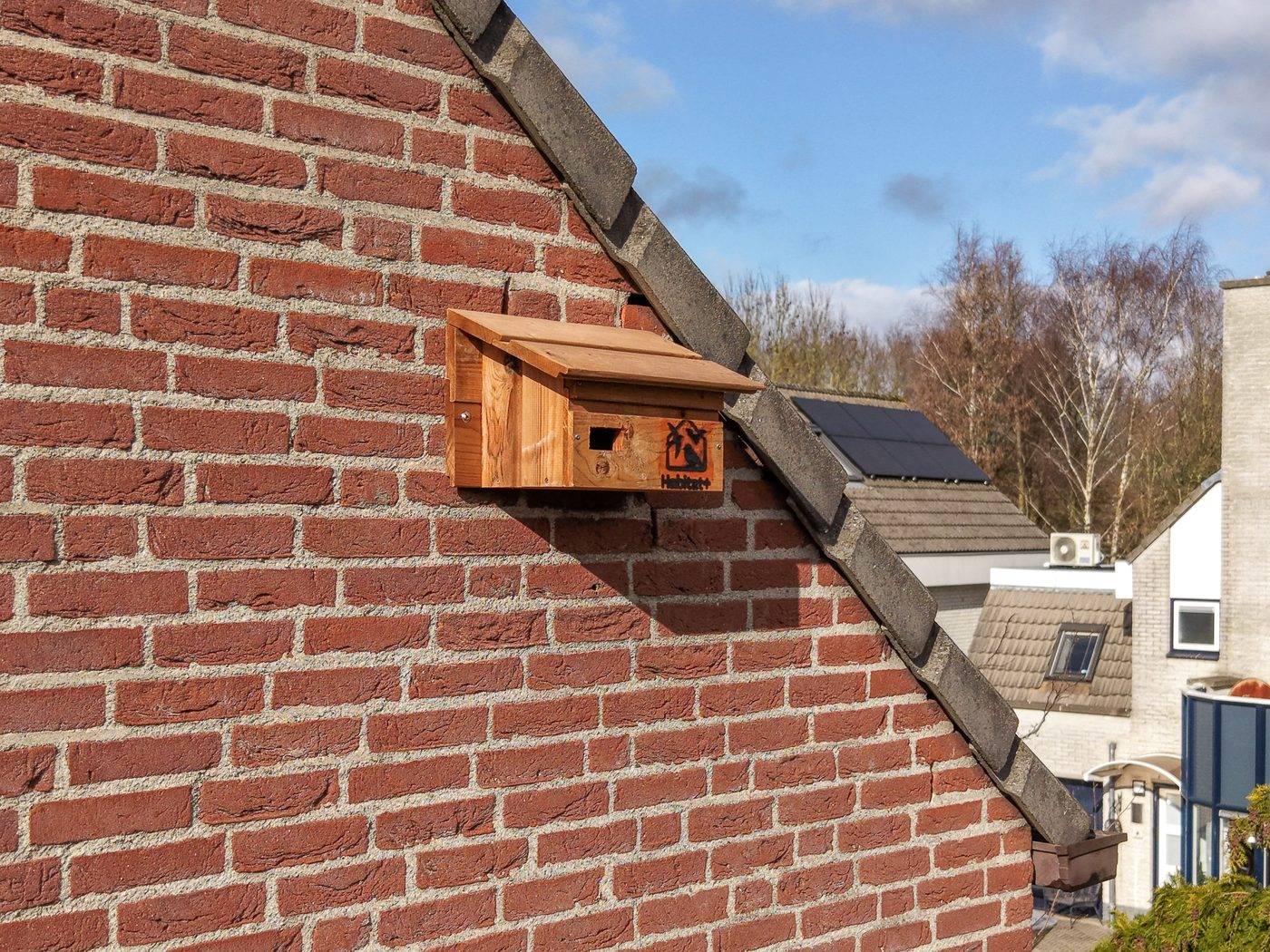 Houten vleermuiskast met Habitat+-logo, gemonteerd op een bakstenen kopgevel